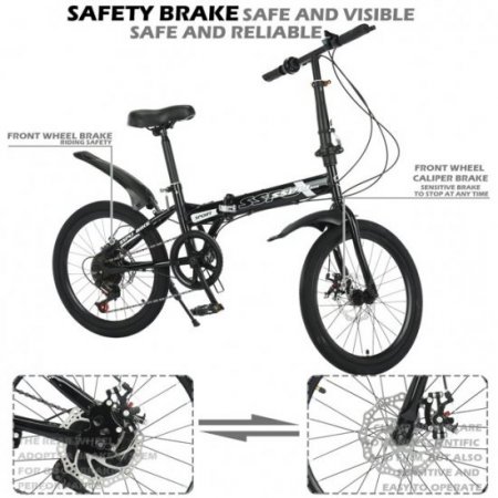 WFJCJPAF 20'' Folding Bike 7-Speed for Adults Teens, with Disc Brakes Lightweight Carbon Steel Frame, Height Adjustable, Black