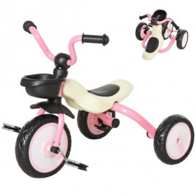 Qaba Foldable Kids Ride on Bike Tricycle with a Timeless Classic Color Design & a Front Basket for Storage, Pink