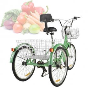 Hemousy 7-Speed 24" Adult 3-Wheel Tricycle Cruise Bike Bicycle With Basket for Shopping Green