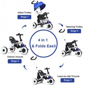 Gymax 4-In-1 Blue Kids Baby Stroller Tricycle Detachable Learning Toy Bike