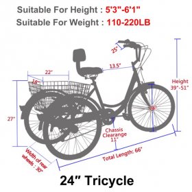 24 Inch Three-Wheeled Bicycles Cruise Trike with Shopping Basket 3 Wheel Bikes Adult Tricycles 7 Speed Adult Trikes