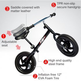 Stmax 12" Balance Bike Black No Pedal Bicycle for Children Toddler Foam Tire
