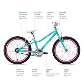 guardian bike company ethos safer patented surestop brake system 20" kids bike, aqua/pink