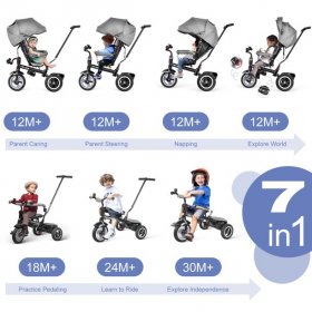 BESREY 7 in 1 Baby Tricycle Stroller Toddler Child Trike with Reversible Seat,Rubber Wheels,Boys Girls Toy 9 Months-6 Years,Gery