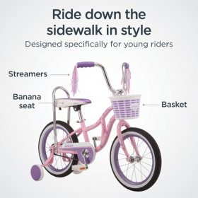 Schwinn Bloom kids bike, 16-inch wheel, training wheels, girls, pink, banana seat