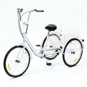 26" 3-Wheel Adult Tricycle w/ Large Basket Cruiser Bike for Shopping & Outing With 8-speed Transmission White