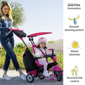 smarTrike Vanilla Plus 4 in 1 Adjustable Baby and Toddler Tricycle Push Stroller Bike with Canopy for Ages 15 Months to 3 Years, Pink
