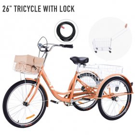 Viribus 26 Inch Single Speed Adult Tricycle,3 Wheel Cruiser Bike with Removable Wheeled Basket, Dustproof Bag, Lights & Bell for Cycling Shopping Picnic ,Hybrid Beach Trike for Men & Women, Pink