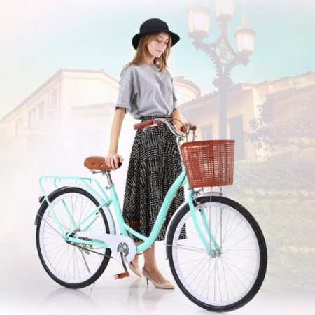 Bseka 26 Inch Womens Beach Cruiser Bike Classic Bicycle with Basket Retro Bicycle Road Bike Seaside Travel Bicycle Comfortable Commuter Cycling