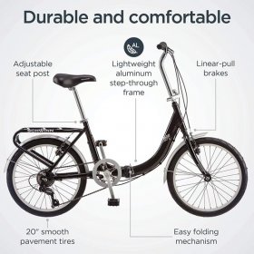 Schwinn Loop Adult Folding Bike, 20-inch Wheels, Rear Carry Rack, Black