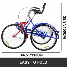 VEVOR Foldable Tricycle 24" Wheels, 1-Speed Trike, 3 Wheels Colorful Bike with Basket, Portable and Foldable Bicycle for Adults Exercise Shopping Picnic Outdoor Activities