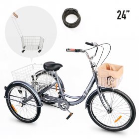 Preenex 3-Wheeled Adult Tricycle with Foldable Basket, 24" Wheels, For Men and Women, Cruise Bike, Exercise Bike for Recreation and Shopping, Water-Proof Bag and Classic Bicycle bell
