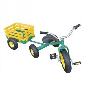 Classic Tricycle with Wagon Set Pull Along Trike Toy Outdoors Kids Exercise All Terrain Cart Green