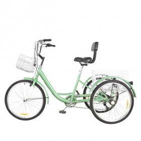 Hemousy 7-Speed 24" Adult 3-Wheel Tricycle Cruise Bike Bicycle With Basket for Shopping Green