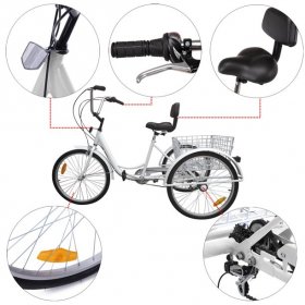 Mad Hornets 7-Speed 24" Adult 3-Wheel Tricycle Cruise Bike Bicycle With Basket+Lock White