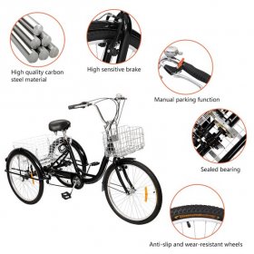 SamyoHome Adult Tricycle, Three Wheel Cruiser Bike Black, 24" Wheels