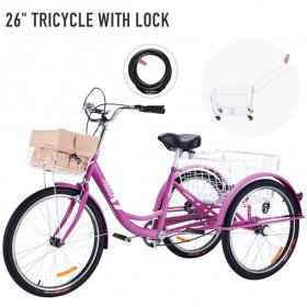 Viribus 26 Inch Single Speed Adult Tricycle,3 Wheel Cruiser Bike with Removable Wheeled Basket, Dustproof Bag, Lights & Bell for Cycling Shopping, Picnic, Hybrid Beach Trike for Men & Women, Purple