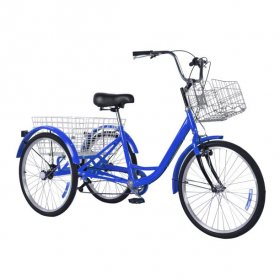 7-Speed Adult Tricycle 24" 3-Wheel Bicycle Portable Cruise Tricycle with Shopping Basket,for Adults Exercise Shopping Picnic Outdoor Activities,Blue