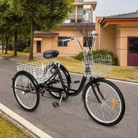 OverPatio Adult Tricycle 7 Speed, 24" Three Wheel Bikes, for Seniors, Adults, Women, Men, Black