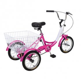 14" 1-Speed Tricycle Trike Bike Perfect for Beginner Riders 3 Wheeled Bicycle with Adjustable Height and Rear Basket Suitable for height: 3'7''-4'7''