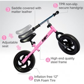 Stmax Balance Bike Pink No Pedal Adjustable for Kids Girls Boys Foam Tire 12"