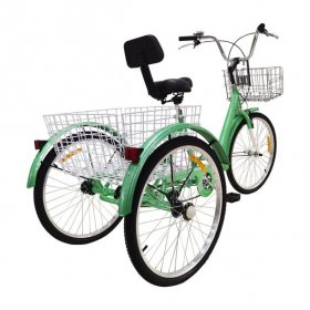 24" Adult Tricycles with Foldable Front & Rear Basket, 3-Wheeled Adult Tricycle 7 Speed, Adult Trikes Bicycles Cruise Trike for Recreation and Shopping, Green