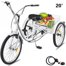 VEVOR Adult Tricycle 20inch,Three Wheel Bikes 1 Speed, Black Tricycle with Bell Brake System, Bicycles with Cargo Basket for Shopping.