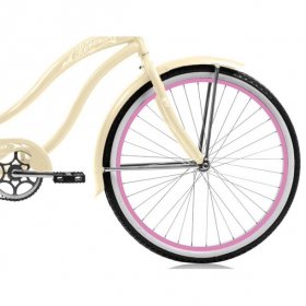 Micargi ROVER GX 26" Beach Cruiser Coaster Brake Single Speed Stainless Steel Spokes One Piece Crank Alloy Pink Rims 36H With Fenders Color: Vanilla/ Pink Rim