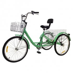 24" Adult Tricycles with Foldable Front & Rear Basket, 3-Wheeled Adult Tricycle 7 Speed, Adult Trikes Bicycles Cruise Trike for Recreation and Shopping, Green