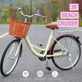 Preenex Beach Cruiser Bike for Women, Commuter Bicycle, High-Carbon Steel Frame, Front Basket & Bell, Rear Racks, 26" Wheels, Cream