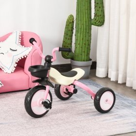 Qaba Foldable Kids Ride on Bike Tricycle with a Timeless Classic Color Design & a Front Basket for Storage, Pink