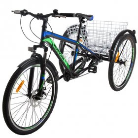 Adult Mountain Bike 7 Speed Three Wheel Bike Mountain Tricycle Cruiser Trike, 24Inch Adults Trikes with Shopping Basket, Exercise Men's Women's Tricycles for Recreation, Shopping, Picnics Exercise