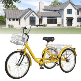 Adult Tricycles, 7 Speed Adult Trikes 24 inch 3 Wheel Bikes for Adults with Large Basket for Recreation, Shopping, Picnics Exercise Men's Women's Farmer Bike, Yellow