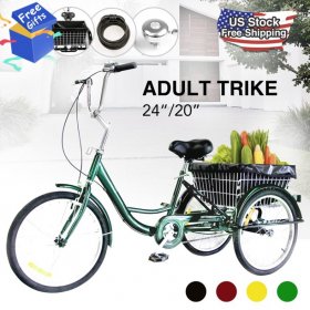 24" 3-Wheel Bike Adult Tricycle with Bell Lock Dust Bag Brake & Basket 220lbs GREEN
