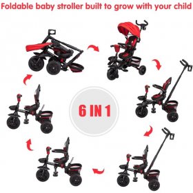 Kinbor 6-In-1 Kids Baby Tricycle Detachable Foldable Bike, Red