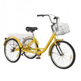 24" Adult Tricycle, 7 Speed Trike Bike Cruiser with Large Size Storage Basket, for Men & Women Shopping Exercise,Yellow(Without Backrest)