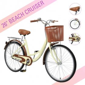 Preenex Women Beach Cruiser Bikes 26 Inch with Basket and Rear Rack,Girl's Bicycle