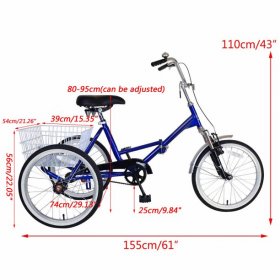 20" Unisex Folding Adult Tricycle Folding Tricycle Bike 3 Wheeler Bicycle Portable Tricycle Wheels Blue