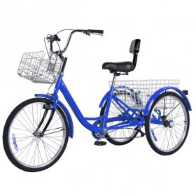 houssem 24" Blue Adult Tricycle Trike w/Large Rear Storage Basket for Riding and Shopping-7 Speed