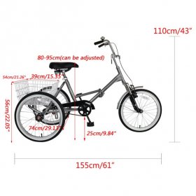 Unisex Adult Folding Tricycle Bicycle For Shopping Portable Tricycle 20" Wheels Gray