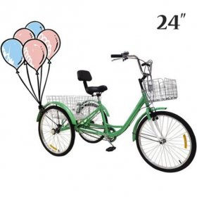 PROKTH Adult Tricycle, 24" Wheels, 7-Speed Trike, 3 Wheels Green Bike with Rear Storage Basket, Portable Bicycle for Adults Exercise Shopping Picnic Outdoor Activities