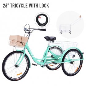 Viribus 26 Inch Single Speed Adult Tricycle,3 Wheel Cruiser Bike with Removable Wheeled Basket, Dustproof Bag, Lights & Bell for Cycling Shopping Picnic,Hybrid Beach Trike for Men & Women, Green