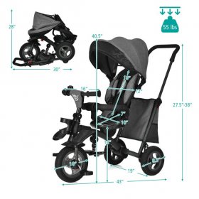 Gymax 7-In-1 Kids Baby Tricycle Folding Steer Stroller w/ Rotatable Seat Grey