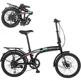 MOONCOOL Adult Folding Bike, 20-inch Wheels 7-Speed Foldable Compact Bicycle with Disc Brakes Shimano Rear Derailleur, Adjustable Handle & Seat Height for Adults, Women, Men, Teens