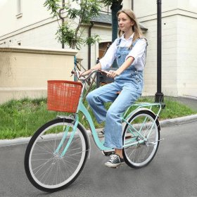 Bseka 26 Inch Womens Beach Cruiser Bike Classic Bicycle with Basket Retro Bicycle Road Bike Seaside Travel Bicycle Comfortable Commuter Cycling