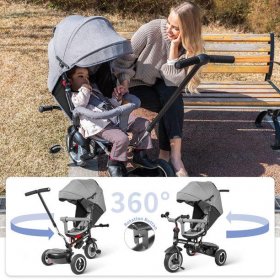besrey 8 in 1 Baby Tricycle Stroller Kids Trike Child Toddler two-player-mode Trike with Push Handle, Rear Facing Seat, Rubber Wheel, Boys Girls Toy, 12 Months - 6 Years,Grey
