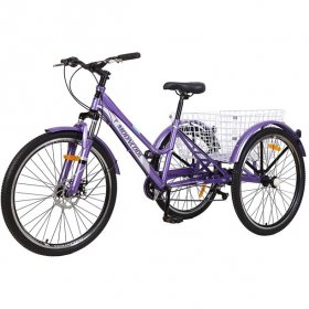 Adult Mountain Bike 7 Speed Three Wheel Bike MTB Tricycle Cruiser Trike, 24Inch Trikes with Shopping Basket, Exercise Men's Women's Tricycles for Recreation, Shopping, Picnics Exercise