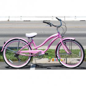 Micargi ROVER 7 Speed 26" Beach Cruiser Shimano TX-35 7 Speed V-Brake Stainless Steel Spokes One Piece Crank Alloy Pink Rims 36H With Fender Color: Pink