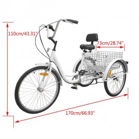 Mad Hornets 7-Speed 24" Adult 3-Wheel Tricycle Cruise Bike Bicycle With Basket+Lock White