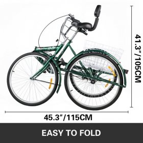 VEVOR Foldable Tricycle 26" Wheels,1-Speed Trike,3 Wheels Colorful Bike with Basket,Portable and Foldable Bicycle for Adults Exercise Shopping Picnic Outdoor Activities